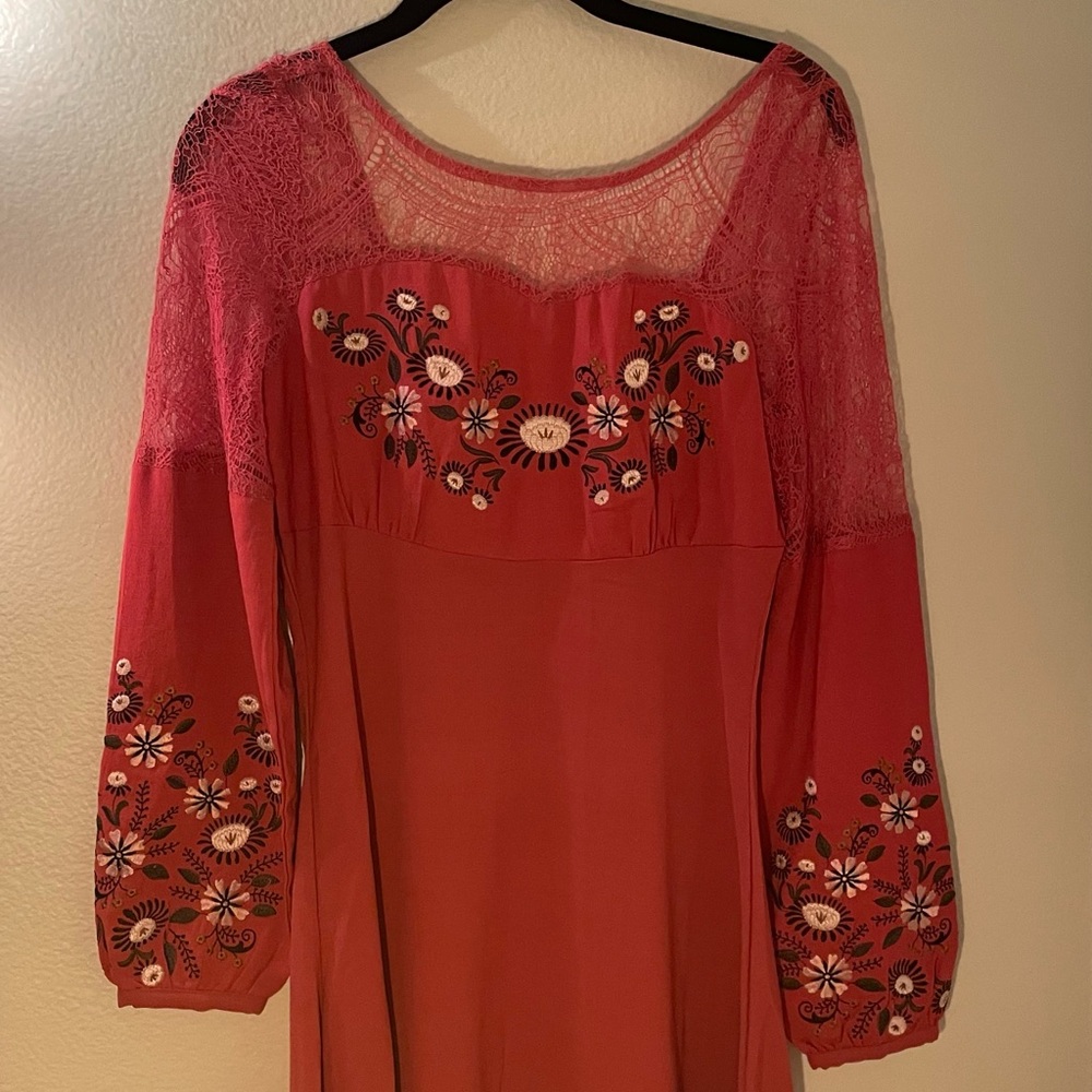 Pink Long Sleeve Embroidered Dress with Lace